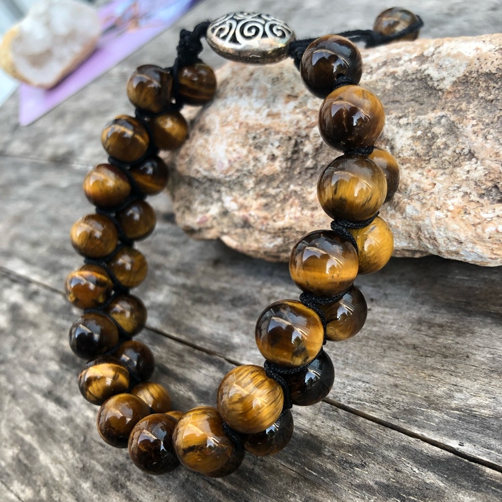 Men's Double Layer Tiger Eye Adjustable Bracelet - Macrame Knotted - Picture 8 of 17